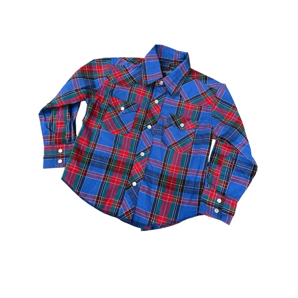 Wrangler Rancher‎ Blue Red Plaid Pearl Snap Long Sleeve Shirt Boys XS (3-4)